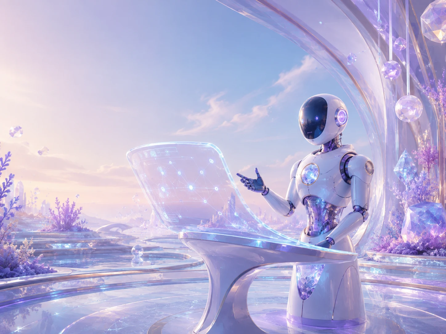 Futuristic AI assistant beside a transparent support console