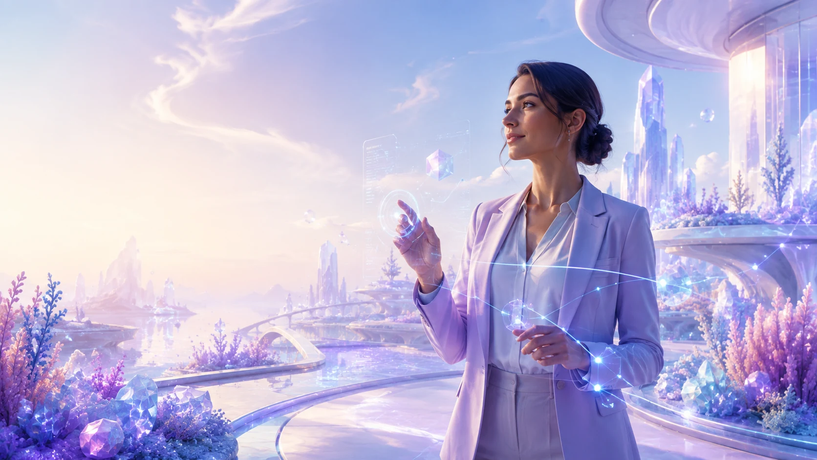 Business professional using a transparent AI interface in a futuristic environment