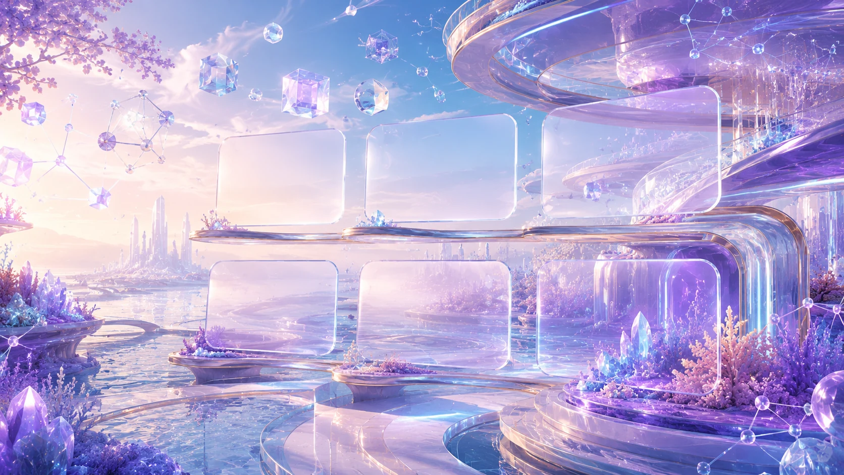Futuristic glass environment with floating panels representing AI consulting services